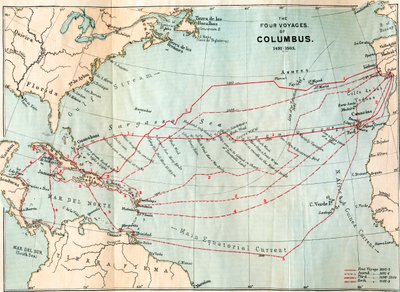 As quatro viagens de Cristóvão Colombo, de "Life of Christopher Columbus" de Clements R. Markham, publicado em 1892 (litografia a cores) de English School