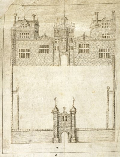 The Front of Wilton House, detalhe da Pesquisa de Terras para o 1º Conde de Pembroke, 1566 (caneta e tinta sobre velino) de English School
