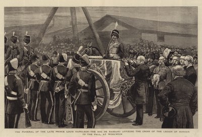 O Funeral do Príncipe Louis Napoleon, o Duc de Bassano, afixando a Cruz da Legião de Honra ao Palácio, em Woolwich (gravura) de English School