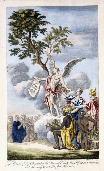 O Gênio da Saúde recebendo Europa, Ásia, África e América e entregando-as ao Leitor Britânico, 1756-1757 de English School