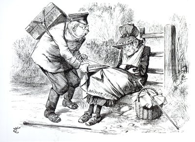 O viajante comercial alemão roubando as quotas de mercado do comércio britânico, caricatura de Punch, The London Charivari, 5 de setembro de 1896 de English School
