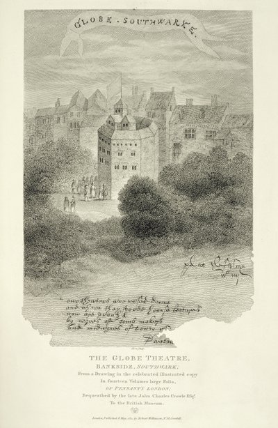 O Globe Theatre, Bankside, Southwark, depois de um desenho de Pennants London, publicado pela primeira vez em 1793, gravado por James Stow (c.1770-p.1820), publicado em 1812 de English School