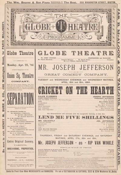 The Globe Theatre Program, 21 de abril de 1884 de English School