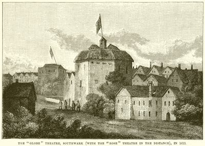 O Globe Theatre, Southwark (com o Rose Theatre à distância), em 1613 de English School