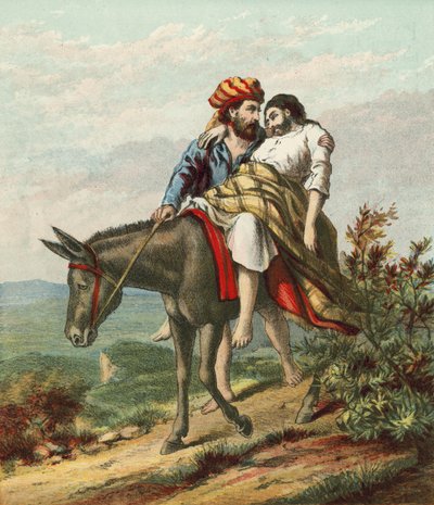 O bom samaritano cuidando do viajante ferido de English School