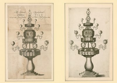 O Grand Pyramidical e o Multiform Dial instalados no Privy Garden em Whitehall, 24 de julho de 1669 de English School