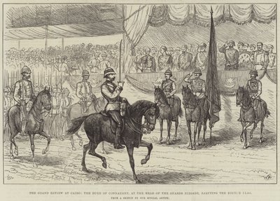 A Grande Revisão no Cairo, o Duque de Connaught, no Chefe da Brigada de Guardas, saudando a Bandeira Britânica (gravura) de English School