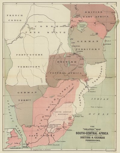 O Mapa Gráfico da África Centro-Sul que mostra as possessões britânica e alemã (cor litho) de English School