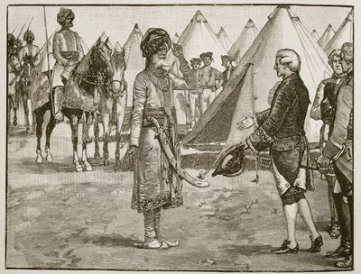 O Grande Moghul entrando no campo inglês, 1765, ilustração da História Ilustrada de Cassells da Inglaterra (foto sépia) de English School