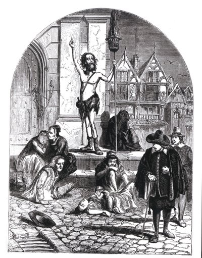 A Grande Peste de 1665, a Entusiasta Denunciando Londres (gravura) (foto bw) de English School