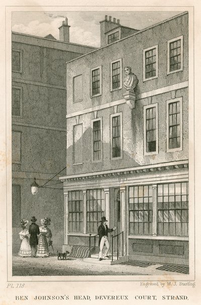 O Grecian Coffee House, Devereux Court, Strand, com um busto de Ben Johnson de English School