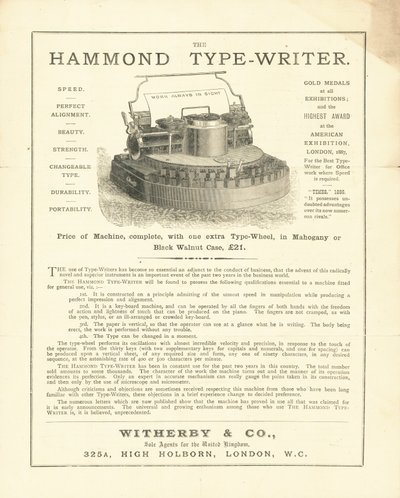 O Escritor de Tipos Hammond de Wetherby & Co, High Holborn, Londres de English School