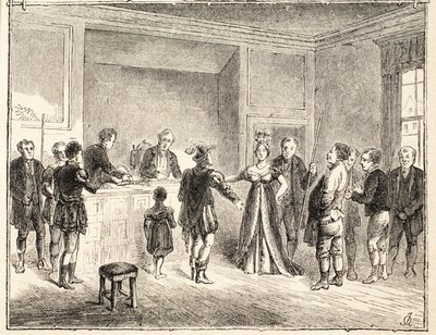 A mão e tesouras, um caso perante o Tribunal de Pie-Poudre, de um desenho datado de 1811 de English School