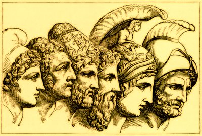 Os Heróis da Guerra de Tróia: Paris, Diomedes, Ulisses, Nestor, Aquiles, Agamenon, ilustração da História Ilustrada do Mundo, publicada em 1880 (imagem digitalmente aprimorada) de English School