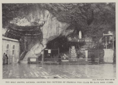 A Santa Gruta, Lourdes, mostrando as muletas dos Peregrinos que dizem ter sido curados (gravura) de English School