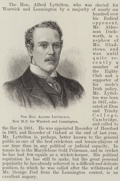 O Honorável Alfred Lyttelton, Novo Deputado para Warwick e Leamington (gravura) de English School