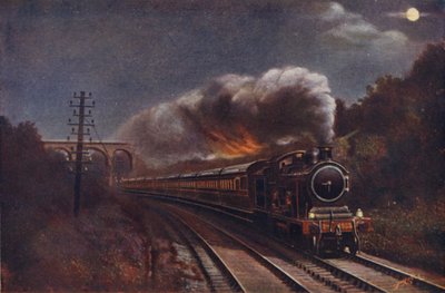 O gancho de Holland Express em a noite, estação da rua de Liverpool a Parkeston Quay (Harwich), Great Eastern Railway de English School