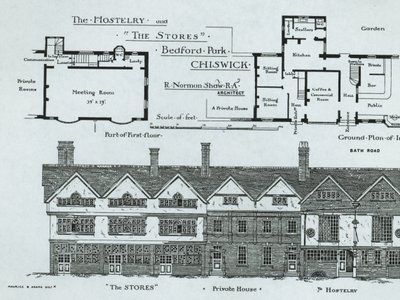 The Hostelry e as lojas, Bedford Park, Chiswick, de The Building News, 1877 de English School