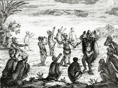 Os hotentotes Adoram a Lua, ilustração de "O Estado Atual do Cabo da Boa Esperança", de Peter Kolb, publicado em 1731 de English School