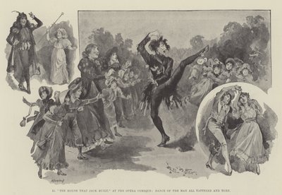 "A Casa Que Jack Construiu", na Ópera Comique, Dança do Homem toda esfarrapada e rasgada (gravura) de English School