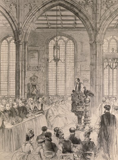 A Câmara dos Comuns atendendo no Estado o Serviço Jubilar na St. Margarets Church, Westminster, de The Illustrated London News, 28 de maio de 1887 de English School