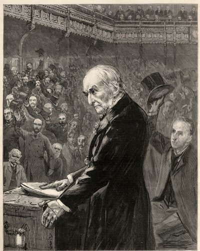 A Câmara dos Comuns, 13 de fevereiro de 1893: William Ewart Gladstone, primeiro-ministro liberal, apresenta a Segunda Lei de Estado. de English School