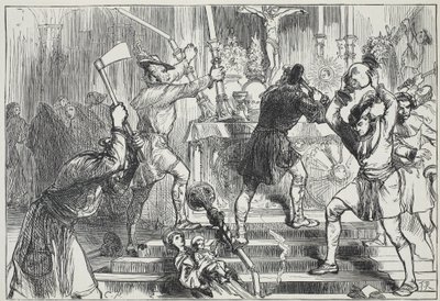 Os iconoclastas que destroem as imagens e as decorações do altar de uma igreja católica romana, ilustração da história do protestantismo por James Aitken Wylie (1808-1890), bar. 1878 de English School