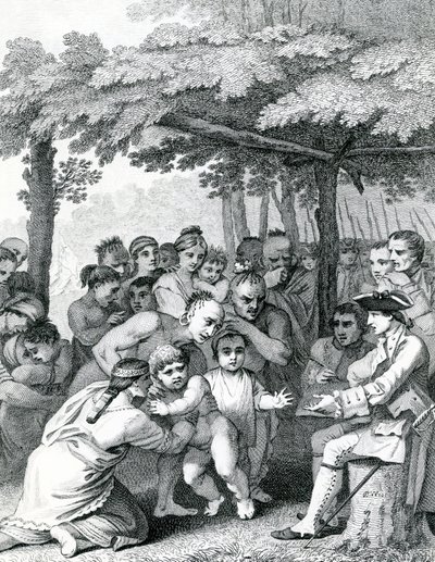Os índios entregam os prisioneiros ingleses ao coronel Bouquet perto de seu acampamento nas garras de Muskingham, em North Anerica, gravados por Canot, 1764 de English School
