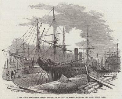 "The Indus" Steam-Ship parcialmente destruída pelo fogo, em Messers Wigram