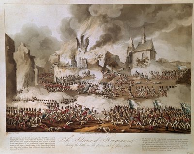 O Interior de Hougoumont durante a Batalha no Glorioso 18 de junho de 1815, gravado por T. Sutherland, publicado em 1816 (aquatint) de English School