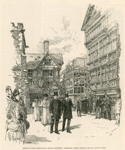 A Exposição Internacional de Saúde em South Kensington: Procissão passando pela antiga rua de Londres de English School