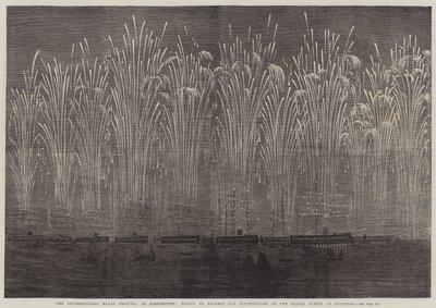 O Festival Naval Internacional em Portsmouth, Voo de Foguetes e Iluminação das Frotas Aliadas em Spithead (gravura) de English School