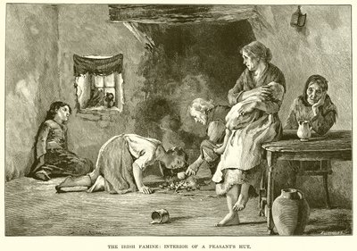 A Família Irlandesa: Interior de uma cabana de camponeses de English School