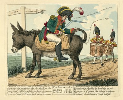 A jornada de um herói moderno para a ilha de Elba, pub. Londres, 1814 de English School