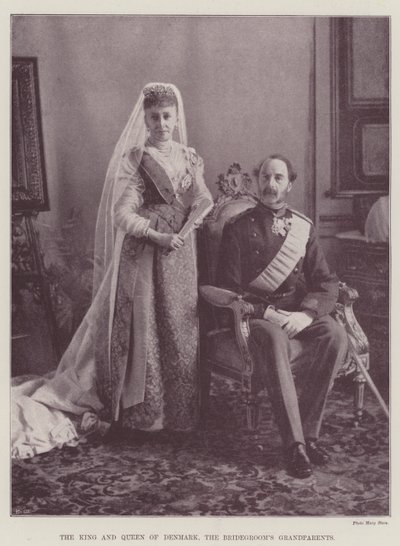 O Rei e a Rainha da Dinamarca, os avós do noivo (gravura) de English School