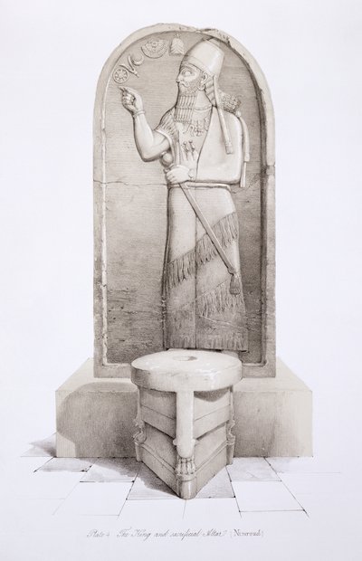 O rei e altar sacrificial, Nimrud, placa 4 de Nínive e seus restos mortais por Austen Henry Layard (1817-1894) publicaram 1849 de English School