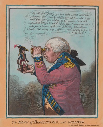 O Rei de Brobdingnag, e Gulliver (aquatint, de cor) de English School