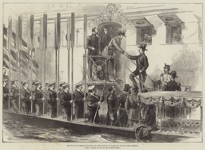 O Rei da Grécia recebido pelo Príncipe de Gales a bordo do HMS Serapis (gravura) de English School