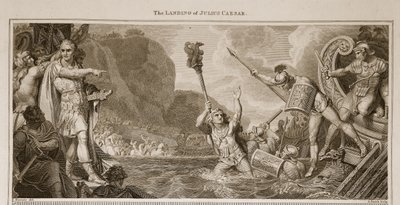 A aterrissagem de Julius Caesar, ilustração de David Humes a história de Inglaterra, bar. por R. Bowyer, Londres, 1812 de English School