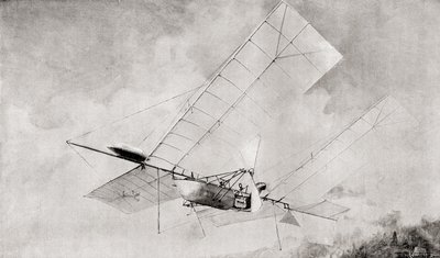 A máquina voadora do aeródromo de Langley em voo no século XIX. Da revista The Strand Magazine publicada em 1897. de English School