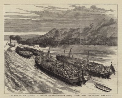 O Último dos russos na Roumelia Oriental, Tropas russas passando pelo Danúbio, perto de Galatz (gravura) de English School