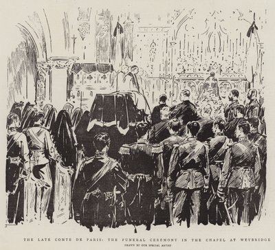 O Fim do Comte de Paris, a Cerimónia Funerária na Capela de Weybridge (litho) de English School