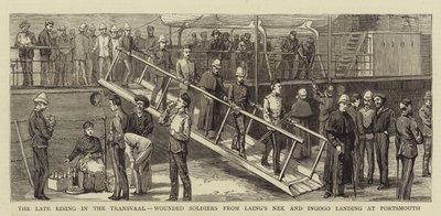 A Ascensão Atrasada no Transvaal, Soldados Feridos do Nek de Laing e Ingogo desembarcam em Portsmouth (gravura) de English School