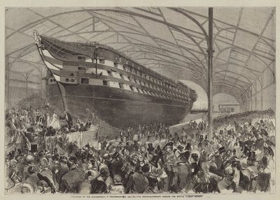 O lançamento do Marlborough em Portsmouth no dia 31 de Julho, o Mastershipwright entregando a Garrafa a Sua Majestade (gravura) de English School