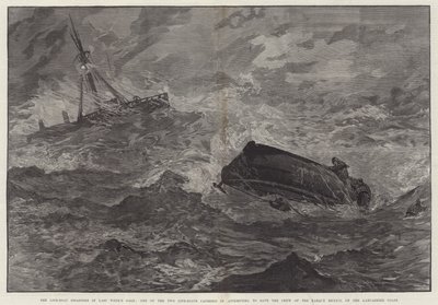 As Catástrofes de Life-Boat em Gale da semana passada, um dos dois barcos salva-vidas virados na tentativa de salvar a tripulação do Barque México, na costa de Lancashire (gravura) de English School