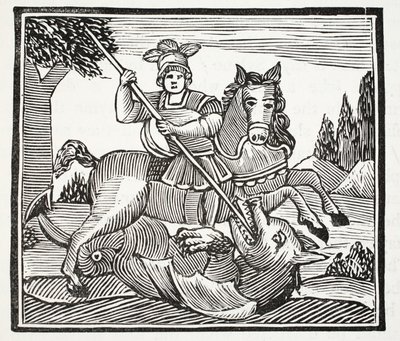 A vida e a morte de St George, o campeão nobre de Inglaterra, ilustração dos Chap-livros do século XVIII por John Ashton, bar. 1882 de English School