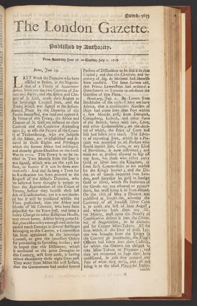The London Gazette, edição 5655, página 1, 28 de Junho de 1718 (imprimir) de English School