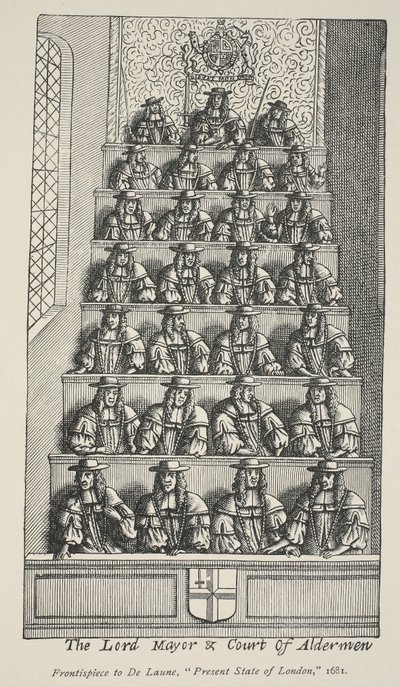O prefeito e corte de vereadores, frontispício de De Launes Angliae Metropolis, 1681 de English School