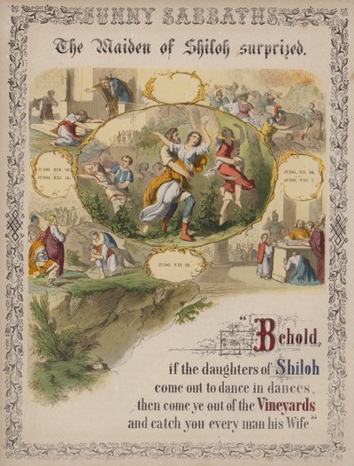 A donzela de Shiloh surpreendida (gravura colorida) de English School