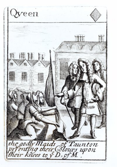 As Donzelas de Taunton Ajoelhando-se diante do Duque de Monmouth, 18 de junho de 1685, Rainha de Diamantes jogando cartas de um conjunto comemorativo Monmouths Rebellion de English School